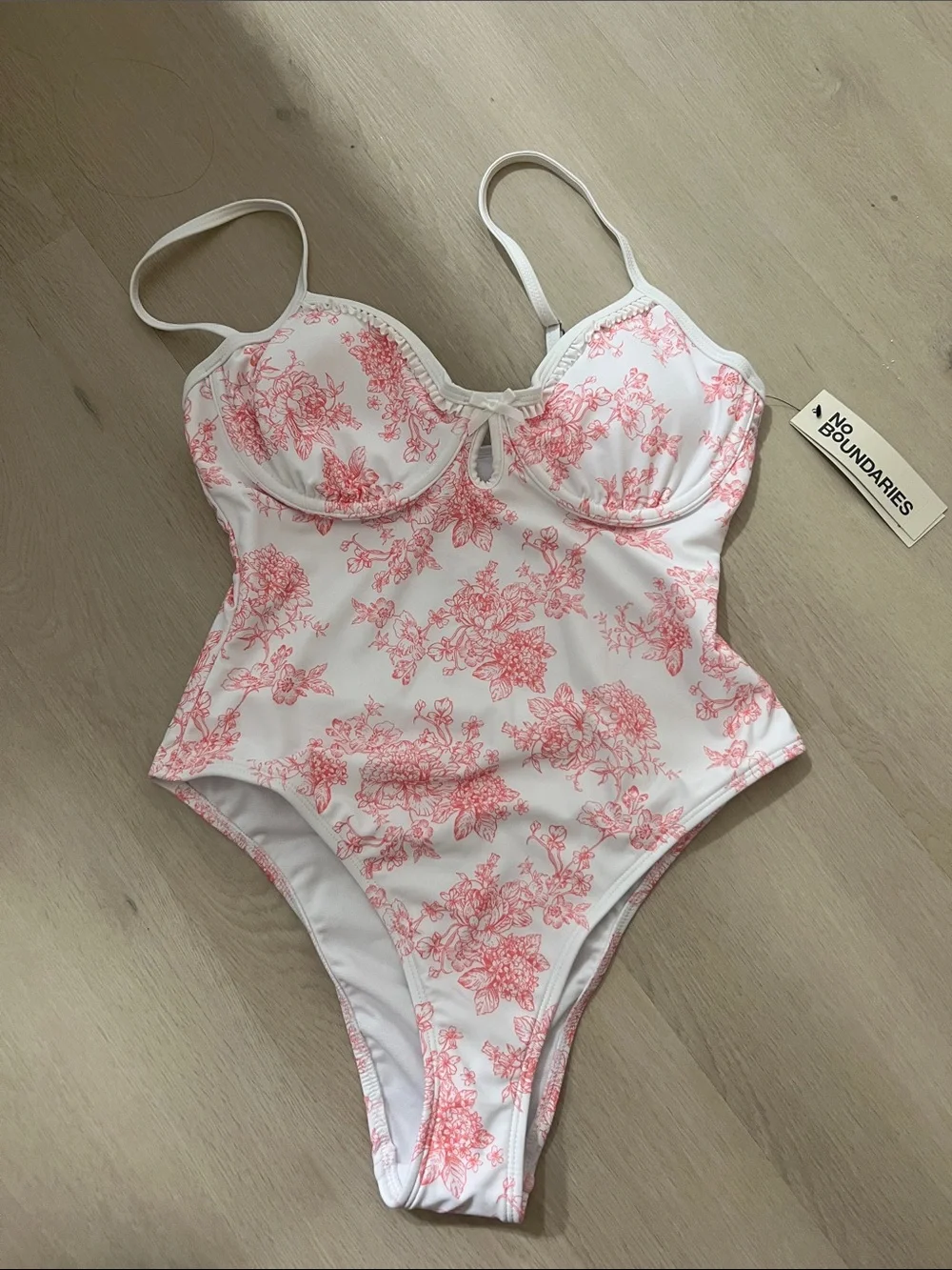 No Boundaries White One-Piece Swimsuit with Pink Floral Print